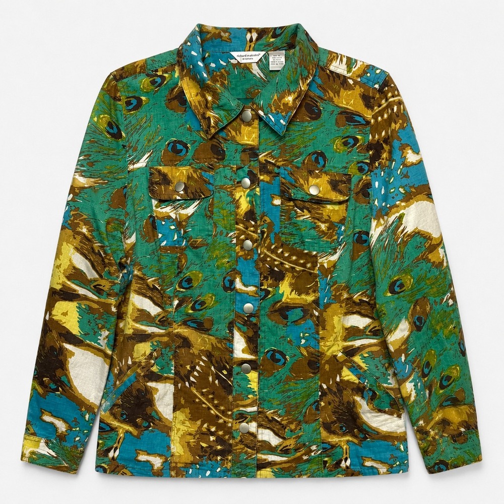 Richard Malcolm Artsy Peacock Print 100% Linen Jacket Women Size 1X Tropicalcore
